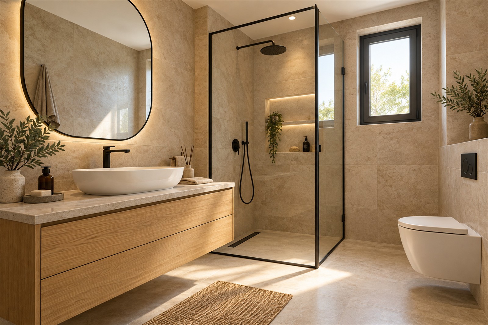 Ahşap dolap ve açık renk seramiklerle temsili banyo tasarımı